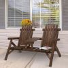 Outsunny 2-Seat Wooden Adirondack Chair, Patio Bench with Table, Outdoor Loveseat Fire Pit Chair for Porch, Backyard, Deck, Carbonized