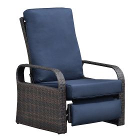 Outdoor Recliner Chair;  Automatic Adjustable Wicker Lounge Recliner Chair with 5.12'' Thicken Cushion (Color: Navy Blue)